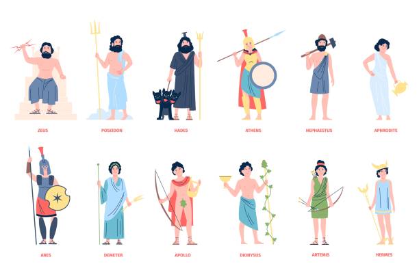 Greek gods. Mediterranean old culture and religion, god of greece. Mythology and legends characters. Aphrodite, zeus, hermes recent vector set Greek gods. Mediterranean old culture and religion, god of greece. Mythology and legends characters. Aphrodite, zeus, hermes recent vector set of greek ancient illustration greek god poseidon backgrounds stock illustrations