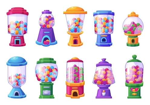 Cartoon candy machine. Isolated vending machines with bubble gum and sweet candies. Childish entertainment, glass packing with sweets nowaday vector set of candy machine vending illustration