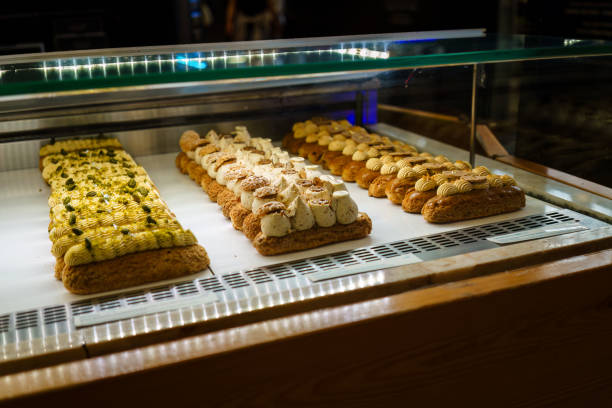 istock Rows of crafted pastries in a bakery display 2121851404