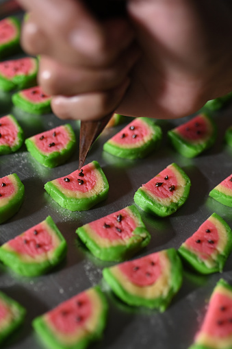The process of making unique cakes like chopped watermelon
