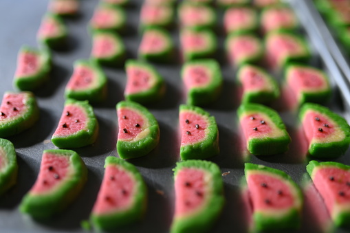 The cookies are made to look like chopped watermelon