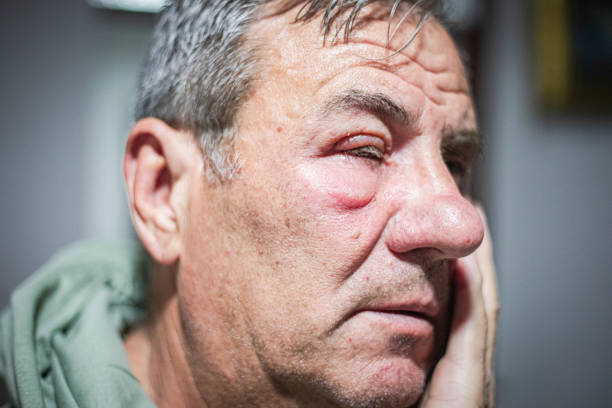 Red swollen male face, insect bite allergy