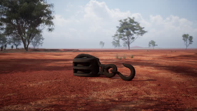 A rusty metal hook on a vibrant red dirt road