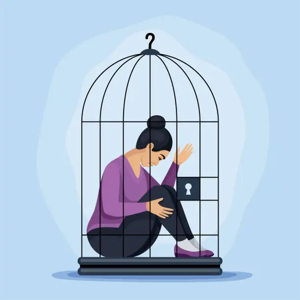 Vector illustration of A Beautiful Latina Woman locked in a cage.