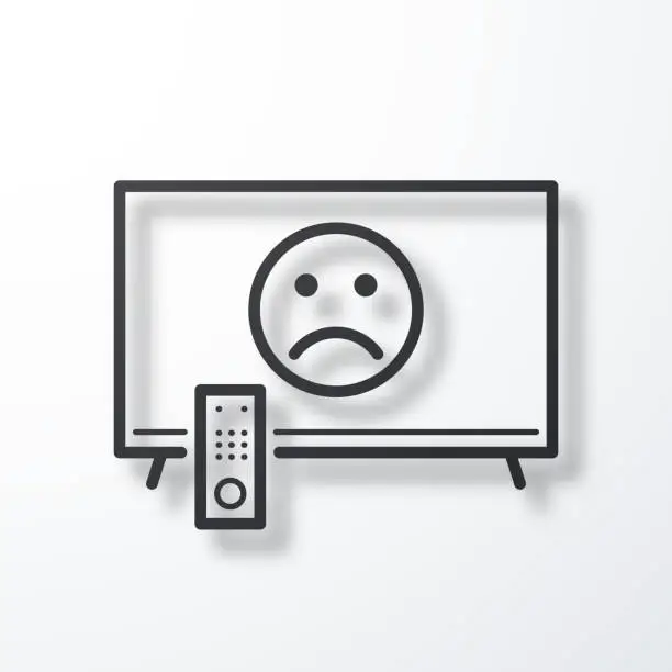 Vector illustration of TV with sad emoji. Line icon with shadow on white background