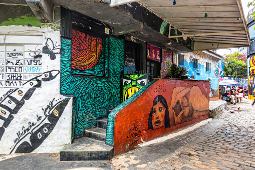 Sao Paulo, Brazil - Jan 20, 2024: Beco do Batman in Sao Paulo, Brazil is a popular tourist destination because of the concentration of graffiti that line the streets, in the Vila Madalena neighborhood