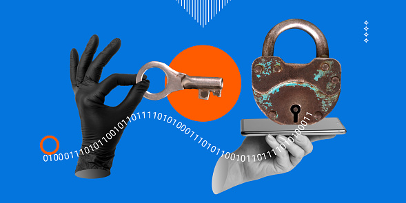 Security, reliable protection of personal data concept. A hand in a black rubber glove with a key in front of a closed old padlock on the smartphone screen. Minimalist art collage