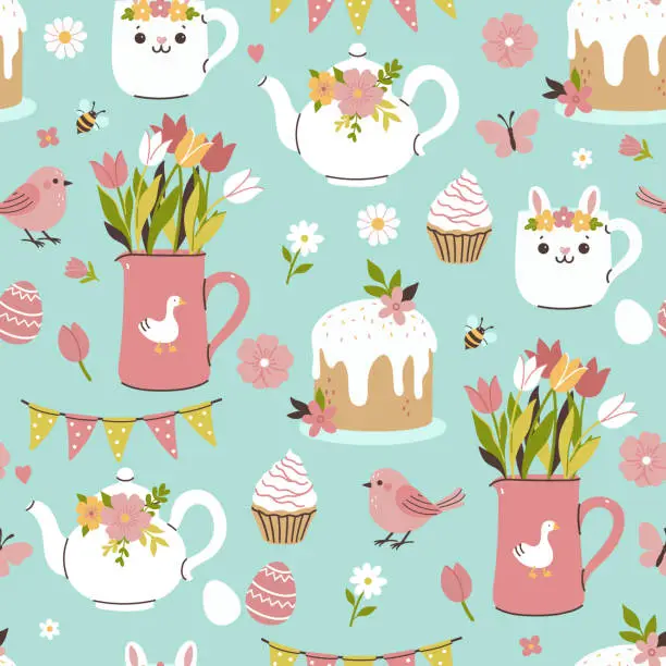 Vector illustration of Seamless pattern with spring and Easter items. Vector graphics