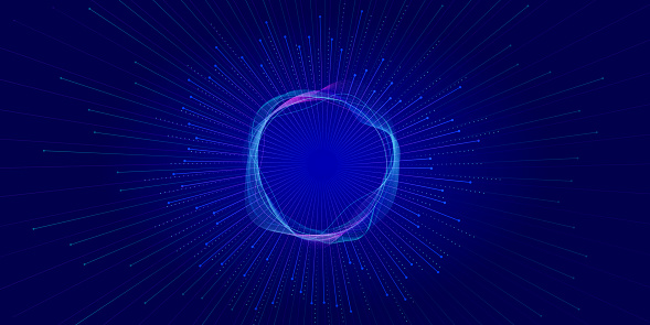 Lines and dots flying away from the center on a blue background to illustrate the information network, artificial intelligence, big data, and neural connections. Copy space