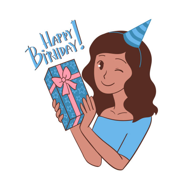 Flat vector illustration of Indian smiling girl with gift in hands. Cute cartoon Indian smiling girl with gift in hands. Flat vector illustration with handwritten lettering for card, banner, print. Happy birthday concept. Isolated on white background. happy birthday hand lettering clip art stock illustrations