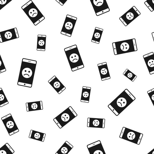 Smartphone with sad emoji. Seamless pattern. Icons on white background Seamless pattern with a icon of "Smartphone with sad emoji". Black icon isolated on a blank background. Vector Illustration (EPS file, well layered and grouped). Easy to edit, manipulate, resize or colorize. Vector and Jpeg file of different sizes. background of the sad face black and white stock illustrations