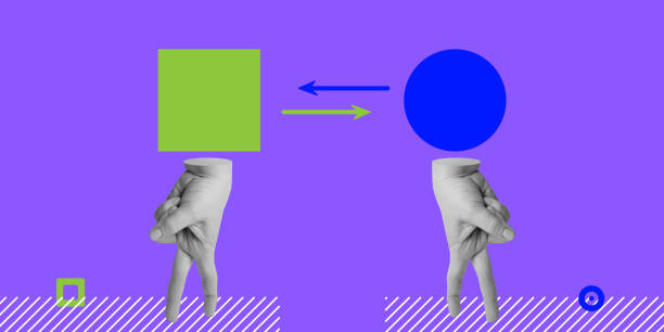 istock Quarrels, discussions, contrasting concept. Roundheads versus squareheads. Minimalistic art collage 2121954373