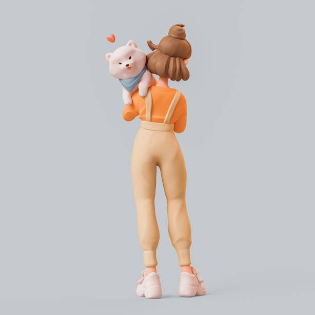 istock 3d render brunette girl holds playful white puppy. 2121959059