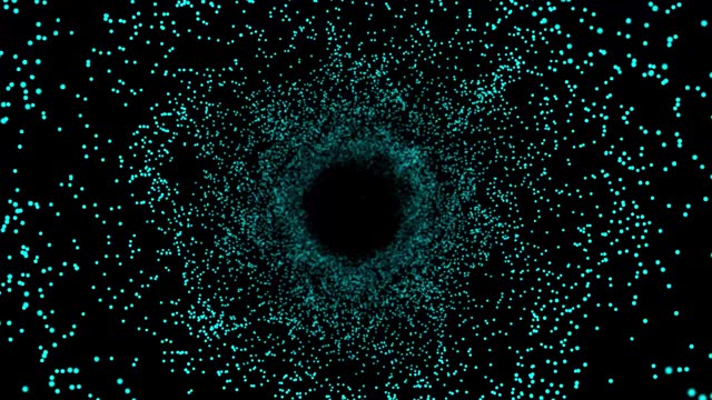 Abstract interstellar tunnel or portal. 3D wormhole of particles. 4K. Seamless loop. 3D rendering