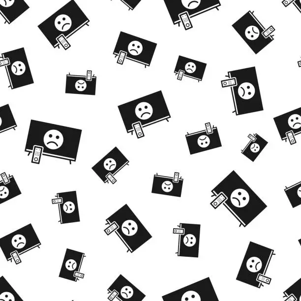 Vector illustration of TV with sad emoji. Seamless pattern. Icons on white background