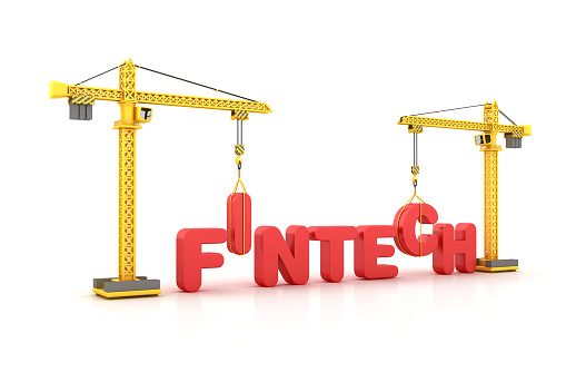 FINTECH Word with Tower Crane - White Background - 3D Rendering