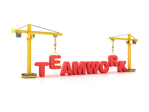 TEAMWORK Word with Tower Crane - White Background - 3D Rendering