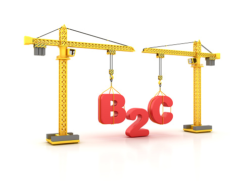 B2C Word with Tower Crane - White Background - 3D Rendering