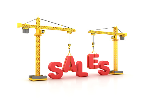 SALES Word with Tower Crane - White Background - 3D Rendering