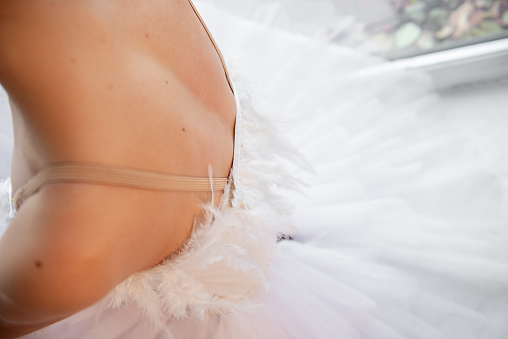 Feathered Ballet Tutu. Close-up view capturing the delicate texture and soft curves of a white feathered ballet tutu against a dancers body.