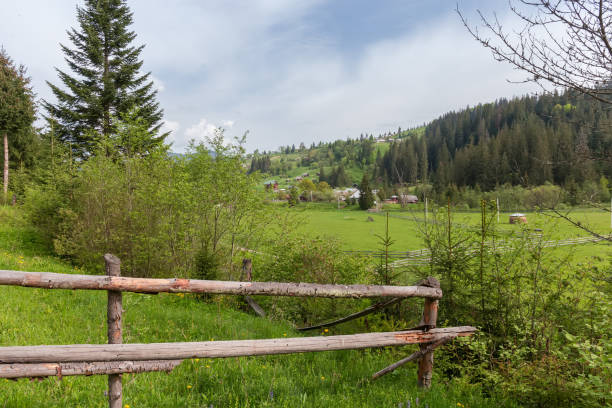 istock Meadow in mountain valley with old log fence on a foreground 2121985540