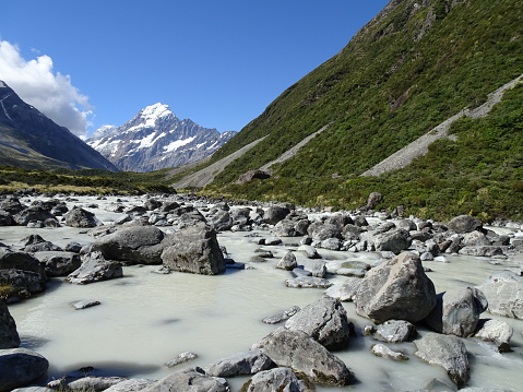 Mount cook in New Zealand. Iconic Mountain seen from glacier river in South Island in summertime