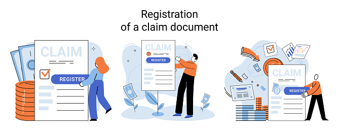 Claim vector illustration. Turn paperwork into financial schedule, efficiently organizing your compensation claim Efficiently manage your claim process by organizing information in financial report