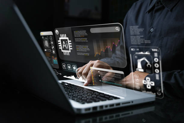 istock Men who use websites or AI software technology to help and support tasks for chatbots, AI chat, visualization, coding, and data analysis using technology. Intelligent robot AI. 2122026462