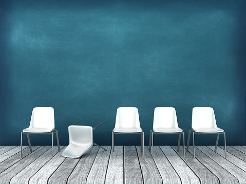 Chairs in a Row - Chalkboard Background - 3D Rendering