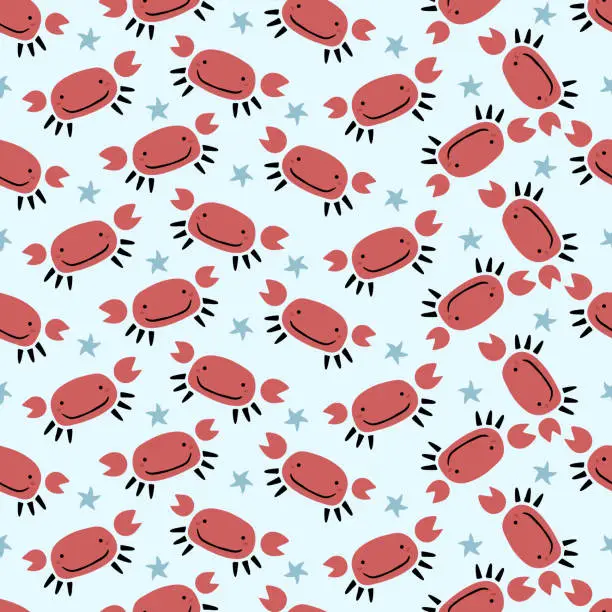 Vector illustration of Funny cartoon crabs with starfishes, seamless summer pattern