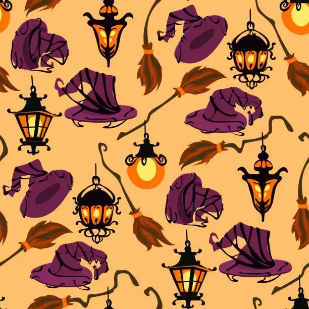 Vector illustration of Seamless pattern with purple hat, witch broom and glowing street lights as a concept of mysticism, Gothic, Halloween horror. Flat vector illustration for printing on fabric, textiles, wrapping paper