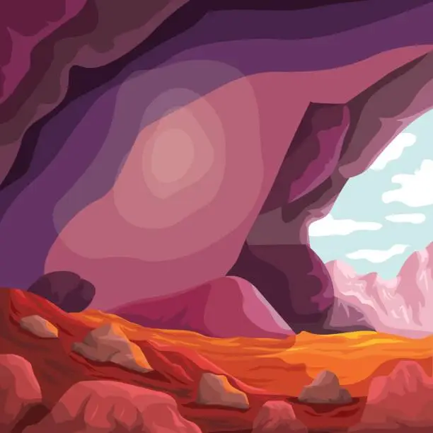 Vector illustration of Caves landscape. Jesus empty tomb cave inside cartoon background, cavern den entrance to outside mountain forest, resurrection easter sunday