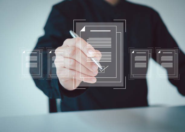 istock Manager is verifying the validity, security, approving requests, quality assurance, investment contracts. Online digital document work, paperless office. online survey. Checking mark up on check boxes 2122061178