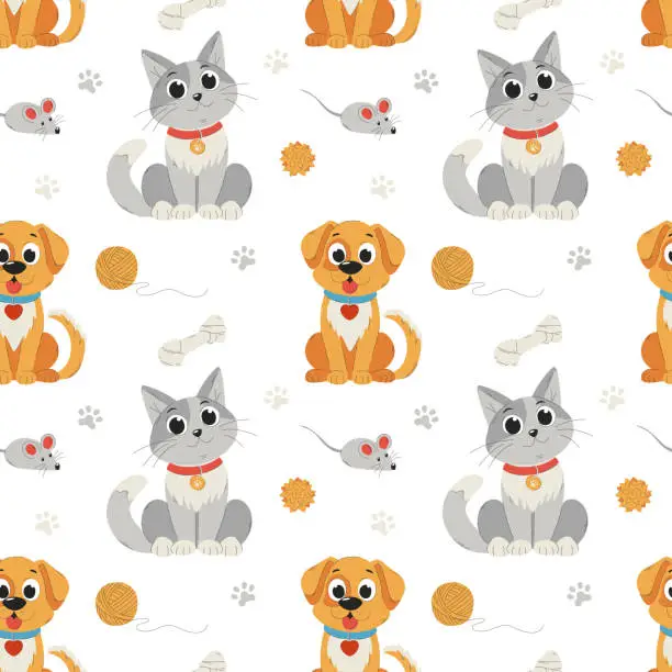 Vector illustration of Seamless pattern with pets and toys for pets. Cute, smiling cat, dog, characters. Cartoon Flat vector illustrations on white background.