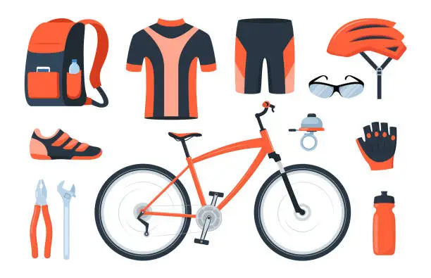 Vector illustration of Bicycle set. Bike equipment. Cyclist gear, sportswear for biker, track accessories for extreme sport training isolated on white. Vector illustration.