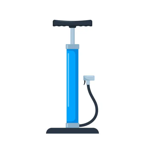 Vector illustration of Air pump. Mechanical device for pumping. Blue cylinder with handle and hose. Pressure increase. Bicycle pump. Vector illustration.
