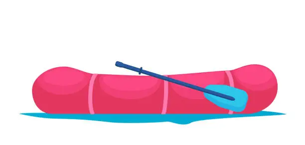 Vector illustration of Rubber boat with paddle. Rafting extreme water sport. Fishing equipment. Inflatable rubber vessel boat. Vector illustration.