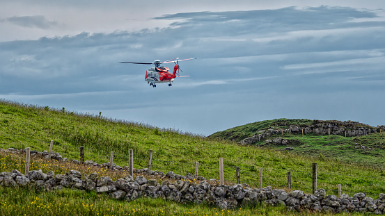 Rescue Helicopter Irish Coast Guard at Kilkilloge, The Woods, County Sligo, Ireland.