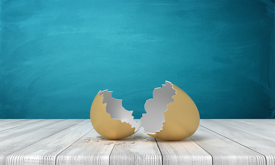 3d rendering of broken golden egg on white wooden floor and dark turquoise background. Digital art. Business and finance. Management and savings.