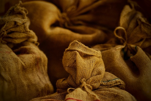 Close up. Rows of groups of sacks