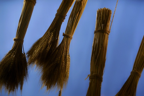 Dry wheat tied used as a broom with blue background