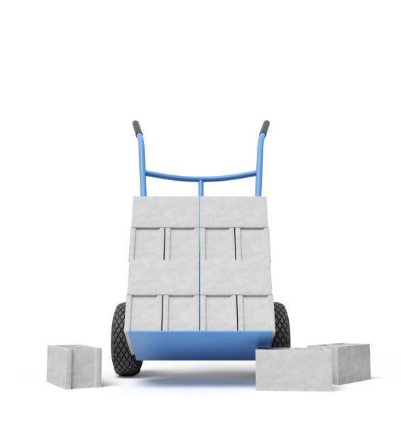 istock 3d rendering of stack of grey hollow bricks on blue hand truck with several bricks lying on ground. 2122108190