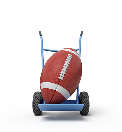 3d rendering of big brown gridiron ball on blue hand truck. American football. Sporting equipment. Sporting goods.
