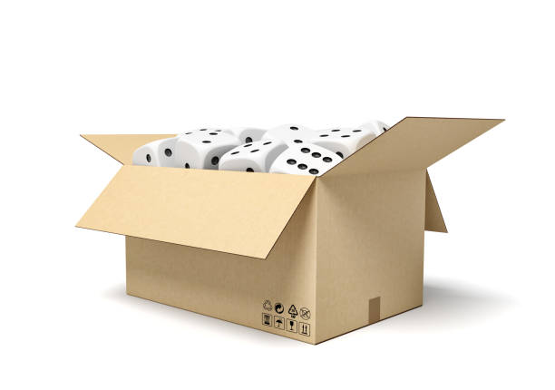 3d rendering of cardboard box full of white dice with black spots. Probability calculation. Game supplies. Retail sales.