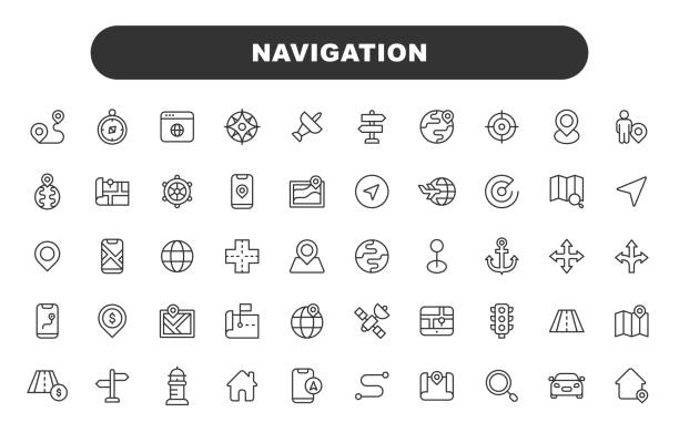 ilustraciones, imágenes clip art, dibujos animados e iconos de stock de iconos de línea de navegación. trazo editable. contiene iconos como ubicación, brújula, radar, dirección, destino, mapa, globo, avión, carretera. - carretera de un solo carril