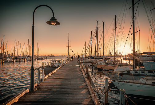 The view of the seaside and coastal area of Williamstown in Melbourne in the sunrise