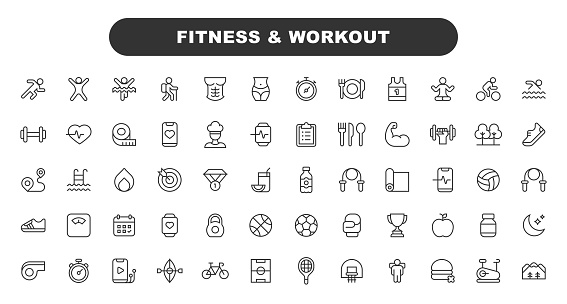 Fitness and Workout Line Icons. Editable Stroke. Contains such icons as Body, Diet, Exercising, Gym, Healthy Lifestyle, Meditation, Sport, Sleep, Medal, Football, Basketball, Calories, Muscle, Weight, Park, Running, Climbing.