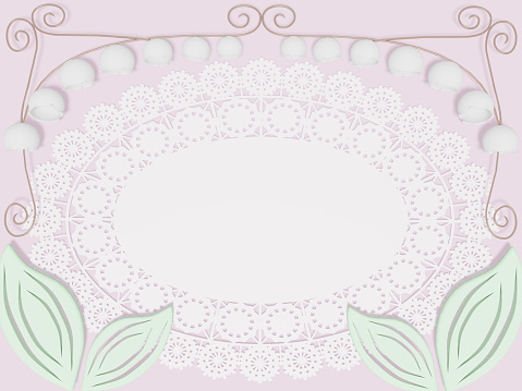 A pastel color 3DCG frame of cute lily of the valley and lace paper. Can be used for early summer greeting cards, etc.