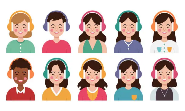 Vector illustration of A group of people wearing headphones and smiling. music day.