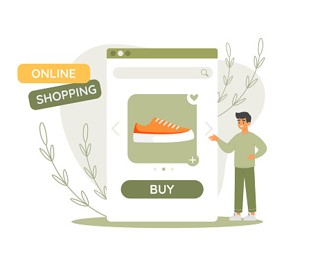 Man character choosing sneakers from online shop. Online shopping concept. Vector illustration in flat style